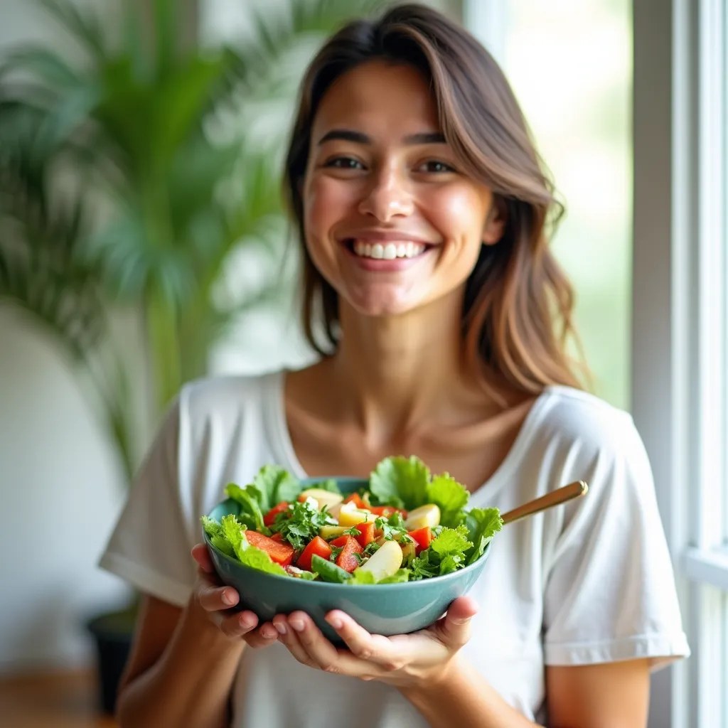 Une personne souriante tenant un bol de salade fraîche, symbolisant la vitalité et le plaisir de manger sainement.