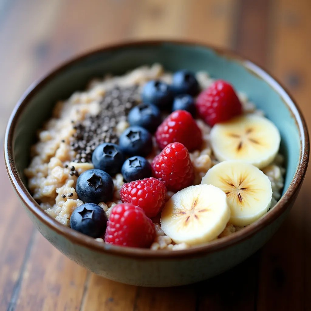 Un bol de flocons d'avoine avec des baies et des graines, représentant des glucides complexes et sains.