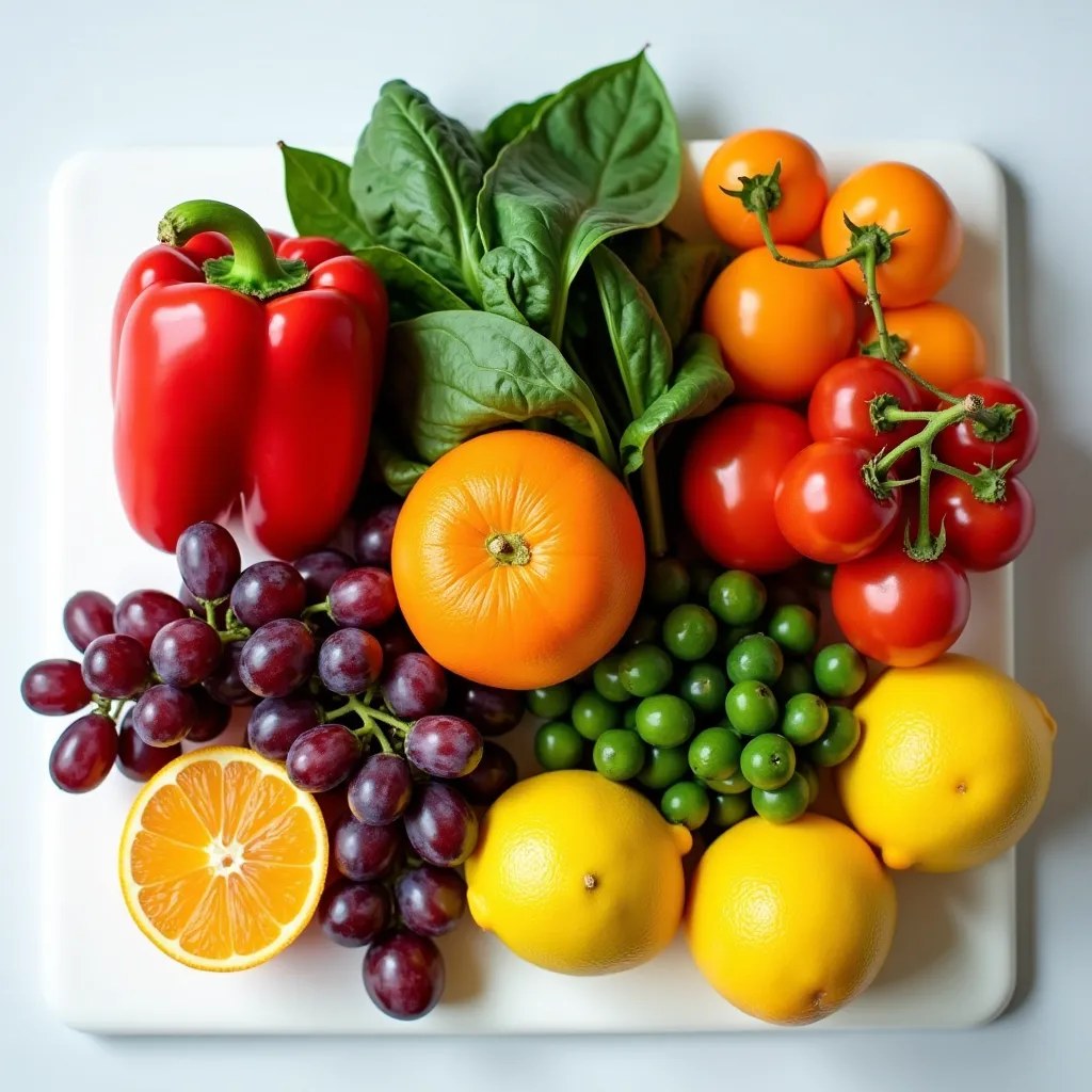 Un assortiment coloré de fruits et légumes frais, riches en vitamines et minéraux, disposés sur une planche à découper.